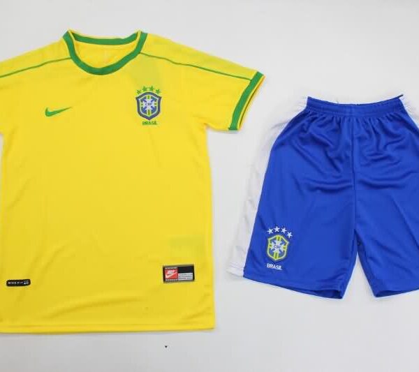 Kids Brazil 1998 Home Soccer Jersey And Shorts