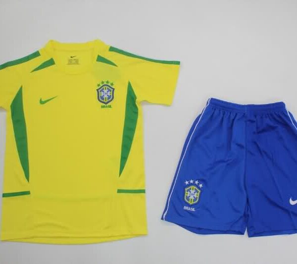 Kids Brazil 2002 Home Soccer Jersey And Shorts