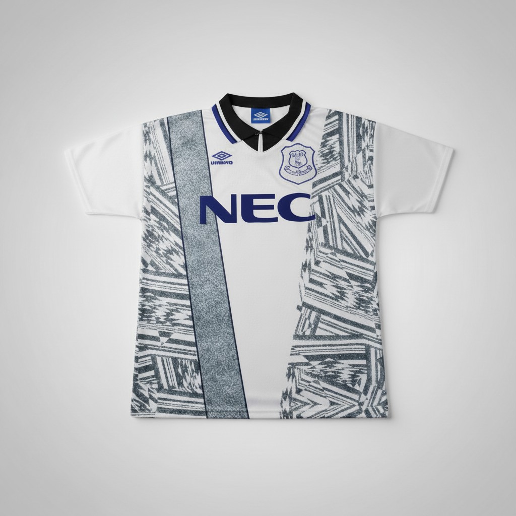 Everton 1 (Edit with AI) (Edit with AI) Everton 1994-95 Away Retro Football Shirt | Umbro NEC White Grey Classic - Image 1